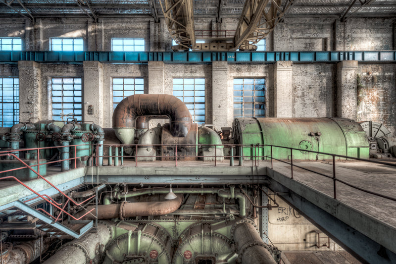 Turbine and Condenser at White Bay Power Station, a steam turbine and its condenser sit on the operating floor of White Bay.