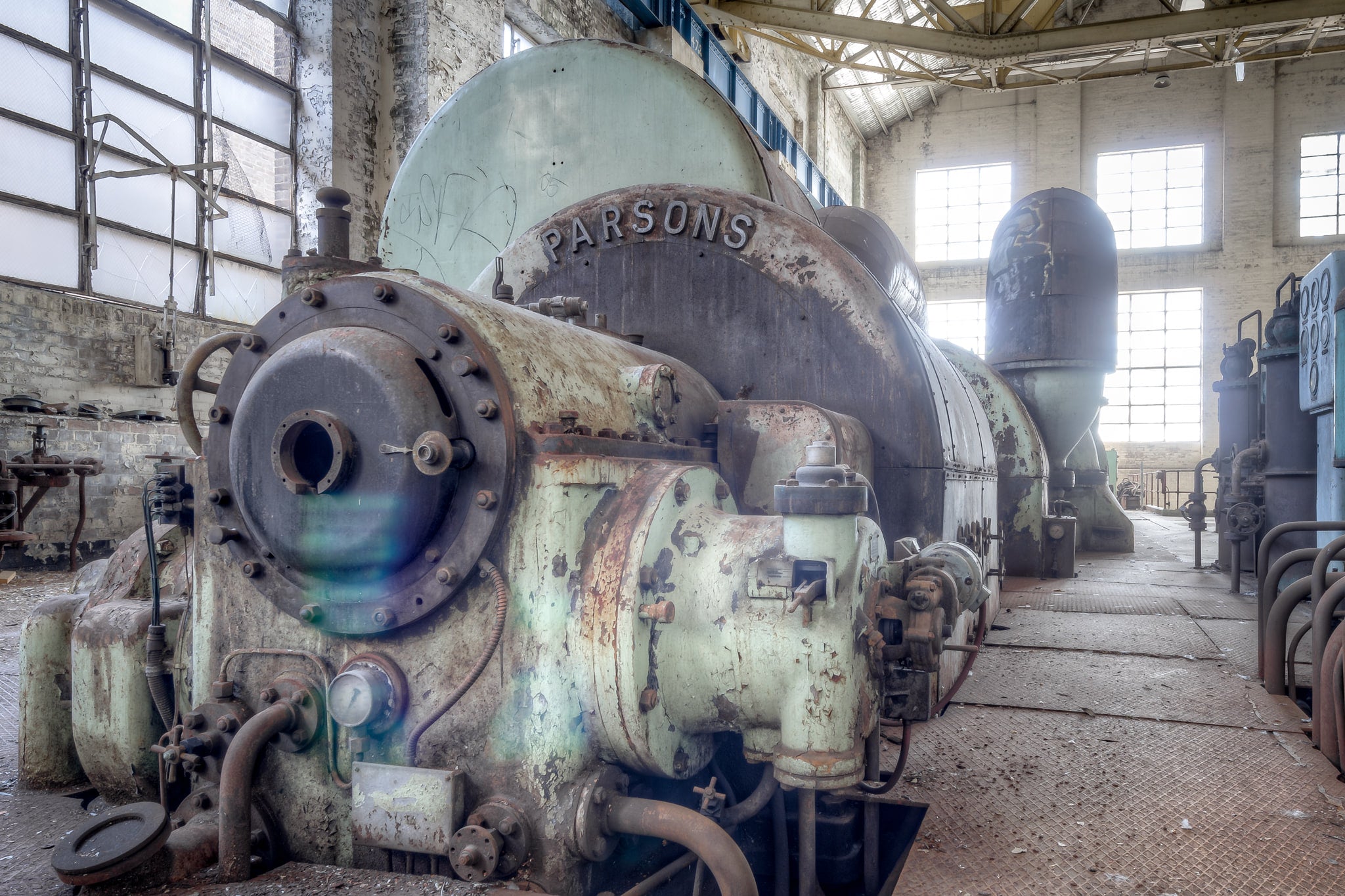 Turbine Front End at White Bay Power Station, a Parsons steam turbine sits at floor level inside the turbine hall at White.