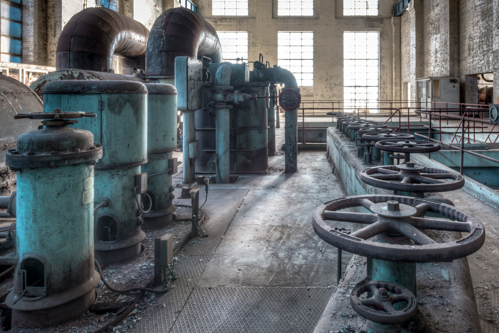 Valve Nest at White Bay Power Station, a row of cast-iron valve wheels lines the operator level of White Bay Power.