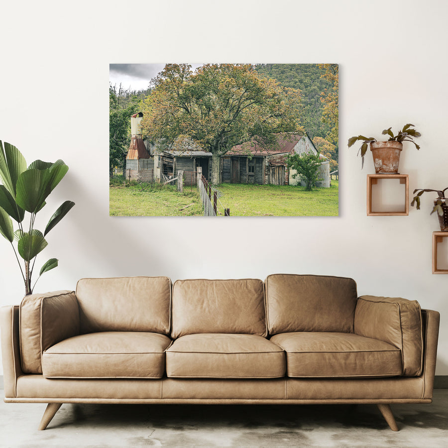 A weathered timber and corrugated iron farmhouse at Woolla, seen behind a large tree in autumn colour, with rusting roof sheets, a tall metal chimney flue, and galvanised tanks, forested hills in the background.