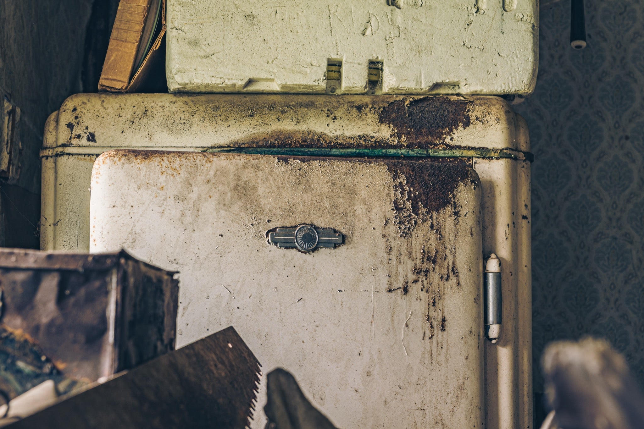 An old enamel refrigerator with a rusted top edge and chrome latch stands against patterned wallpaper at Woolla in the Deua River Valley, a handsaw and cardboard boxes on the floor beside it.