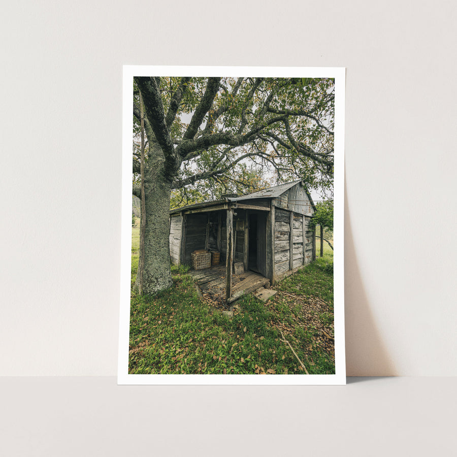 A weathered timber slab hut with a corrugated metal gable roof and a covered porch at Woolla, near Braidwood, with a woven basket, tin box and low stool at the entrance.