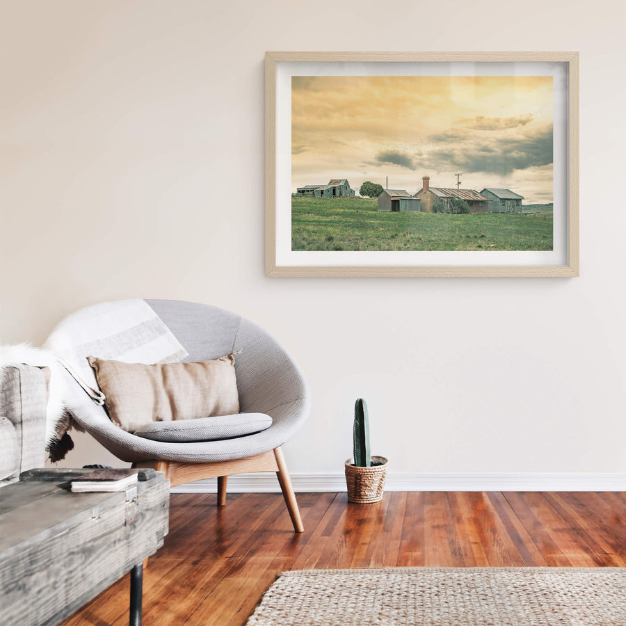 Numbla Vale Cottages & Woolshed at A Place to Call Home, a flock of birds flying above a cluster of farm workers cottages.