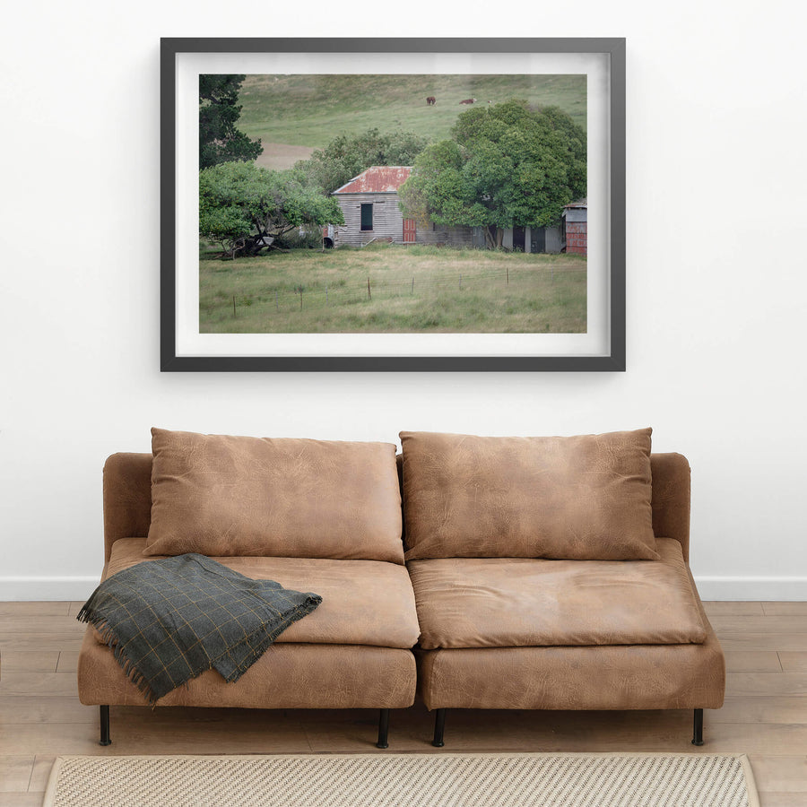 Old Timber Home at A Place to Call Home, a weatherboard cottage sits low in the grass, half-swallowed by mature fruit trees.