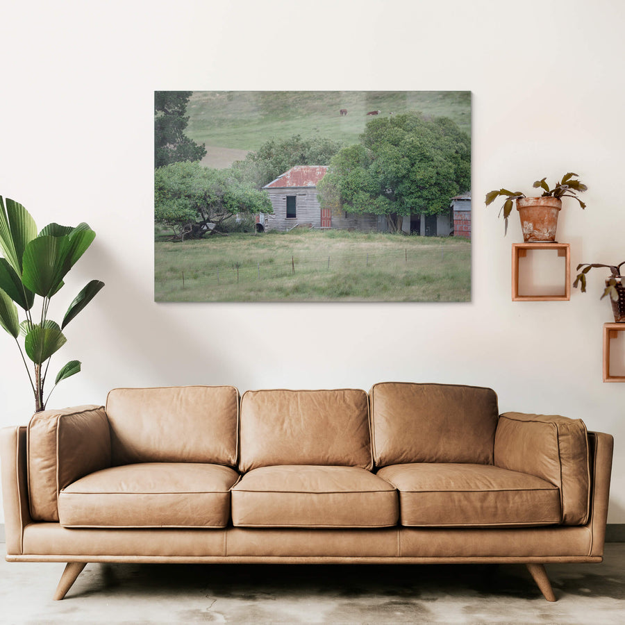 Old Timber Home at A Place to Call Home, a weatherboard cottage sits low in the grass, half-swallowed by mature fruit trees.