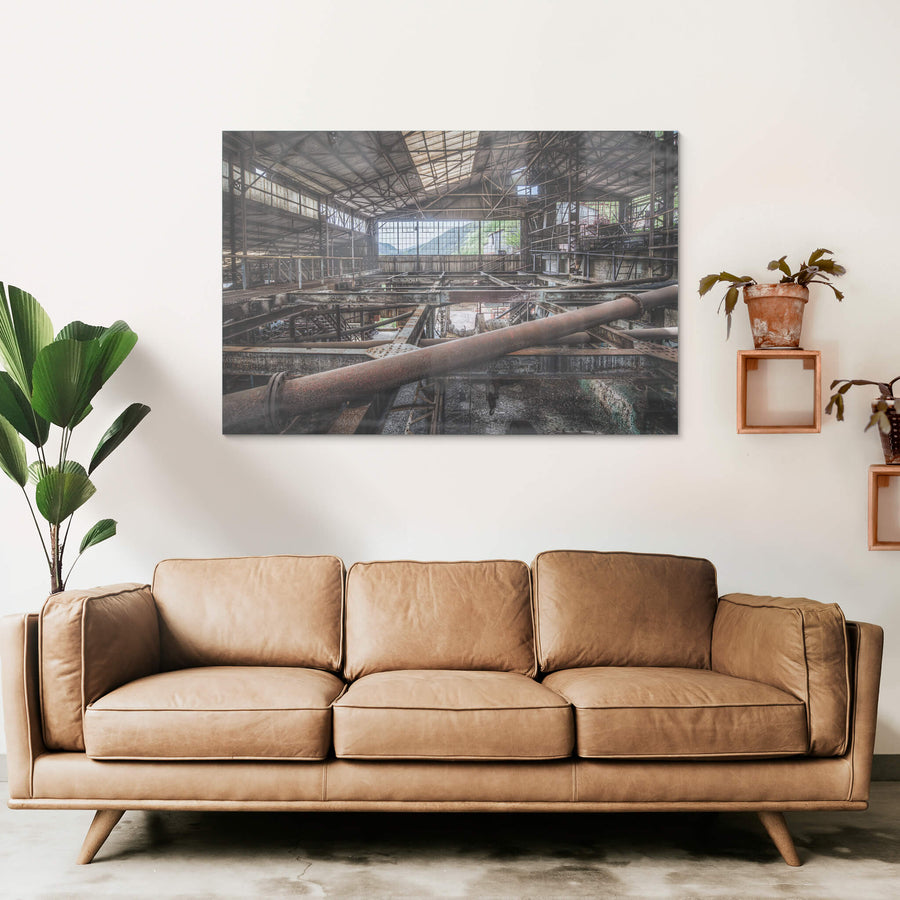 Mountain View at Ashio Copper Mine, steel trusses and heavy pipework fill the interior of a vast processing shed.