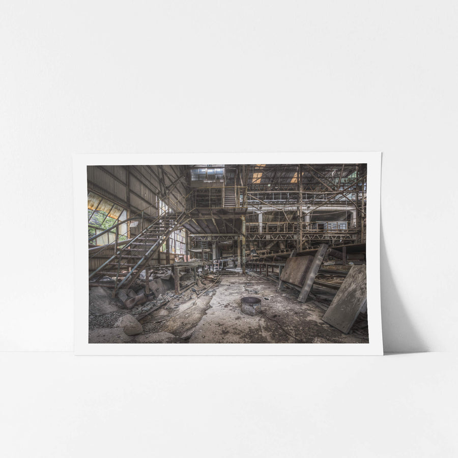 Top Of The Works at Ashio Copper Mine, steel staircases climb through two levels of the processing hall.
