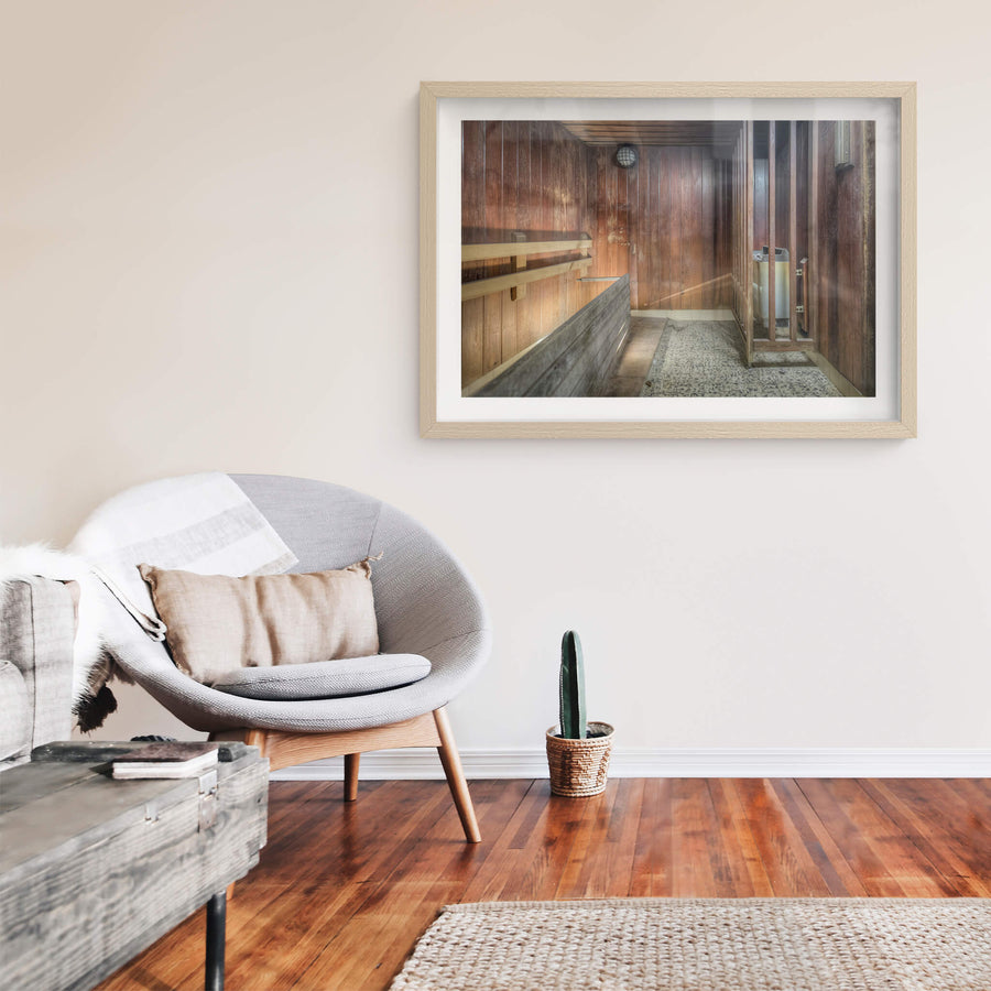 Sauna at Bankstown RSL, cedar-lined walls darken with moisture stains where the grain has swollen and split.