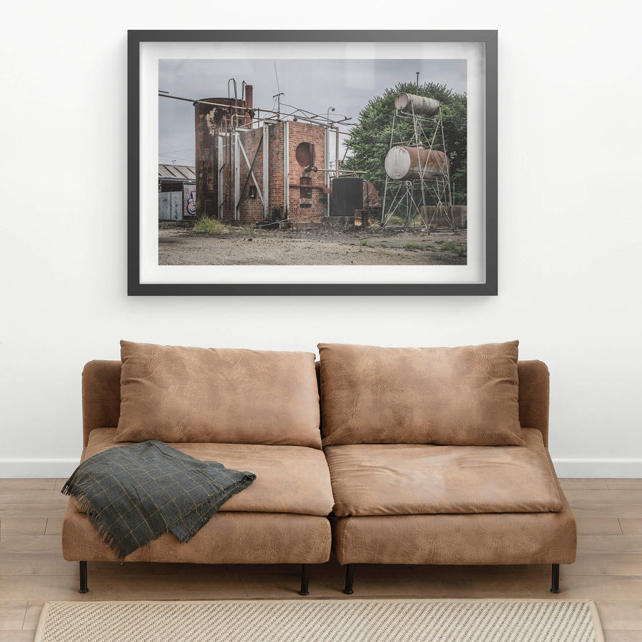 Tar Holding Structure at Bathurst Gasworks, a brick-clad boiler structure sits at the centre of the frame, its arched.