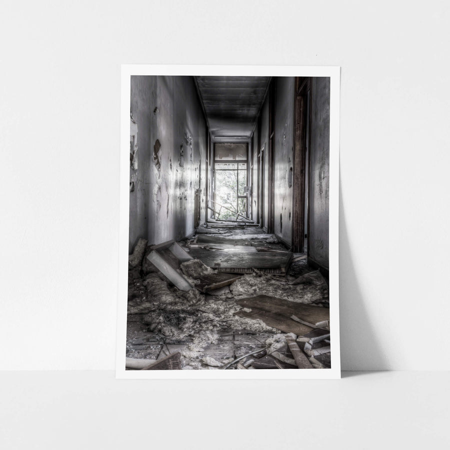 Office at Blayney Abattoir, this narrow hallway in the former office building is now scattered with ceiling panels.