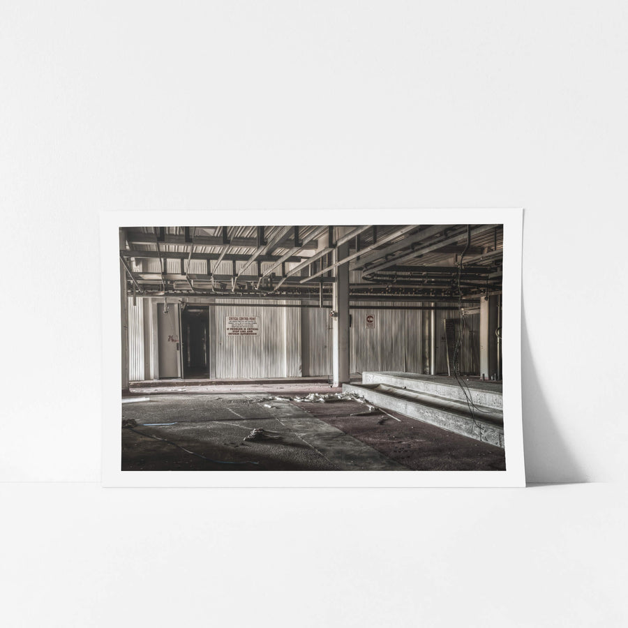 Pig Kill Floor at Blayney Abattoir, steel I-beams span the ceiling above corrugated metal walls.