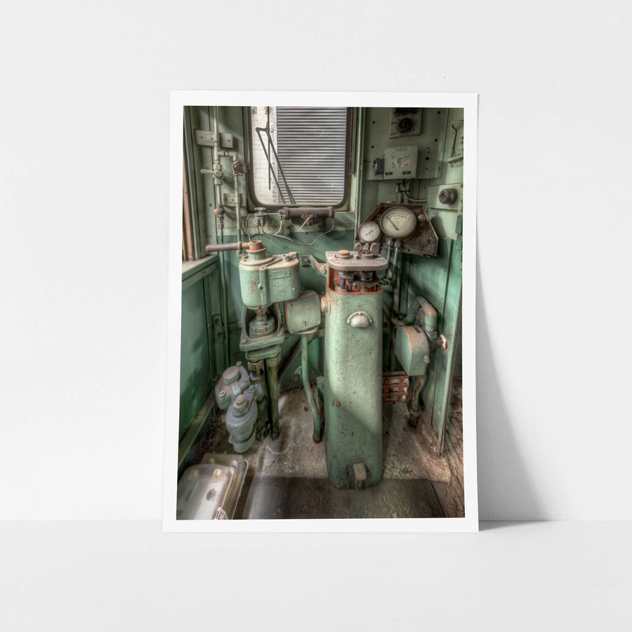 4052 Drivers Controls at Eveleigh Paint Shop, inside the cab of D4052, pale green paint covers every surface.