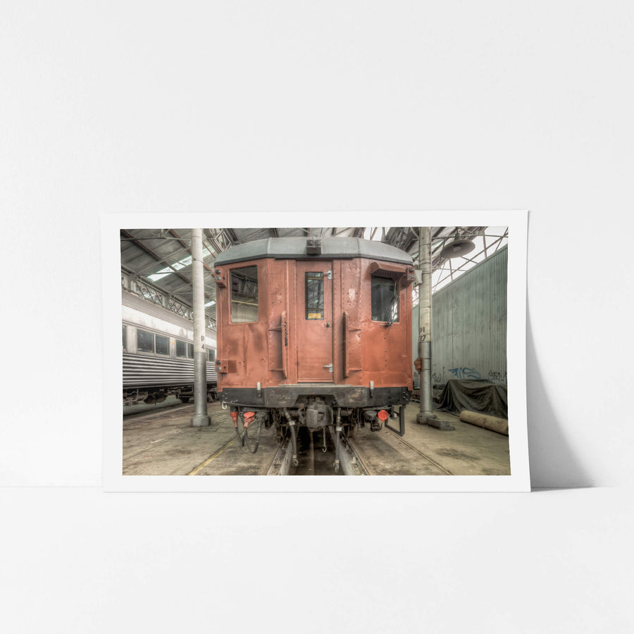 4052 Exterior at Eveleigh Paint Shop, a riveted steel carriage sits square on the tracks inside the Eveleigh Paint Shop.