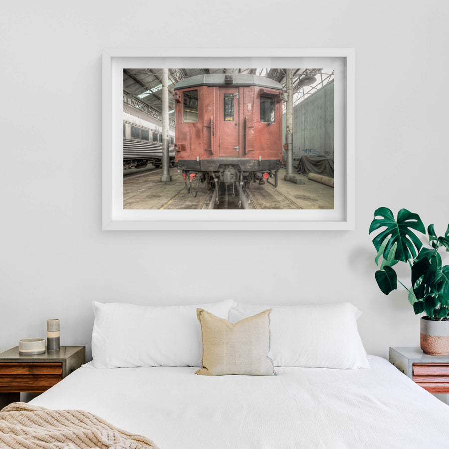4052 Exterior at Eveleigh Paint Shop, a riveted steel carriage sits square on the tracks inside the Eveleigh Paint Shop.