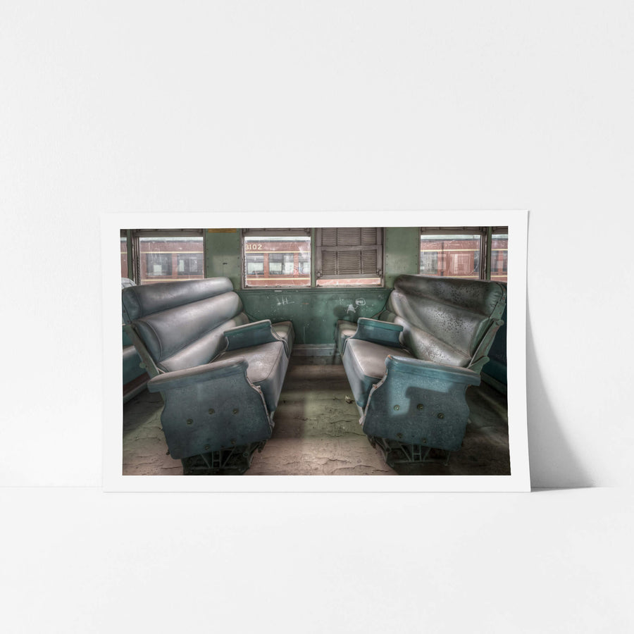 Interurban Passenger Seating at Eveleigh Paint Shop, two pairs of reversible seats face each other inside carriage 3102.