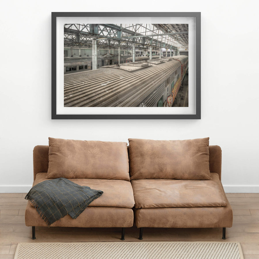 PHA Class at Eveleigh Paint Shop, a view down the length of a Power Van, part of the PHA class, built for the standard gauge joint stock service between Sydney and Melbourne.