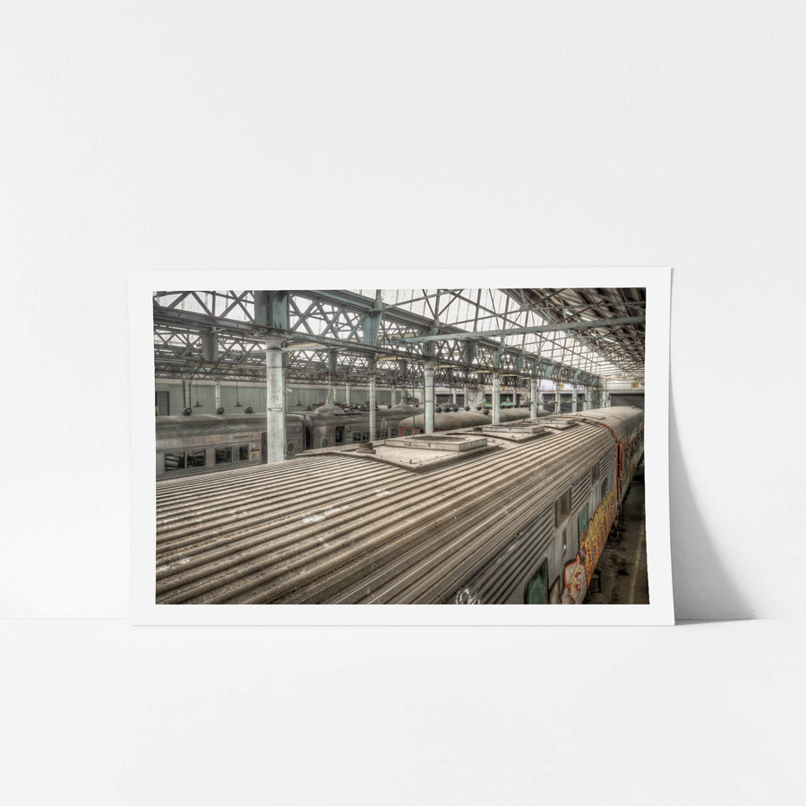 PHA Class at Eveleigh Paint Shop, a view down the length of a Power Van, part of the PHA class, built for the standard gauge joint stock service between Sydney and Melbourne.