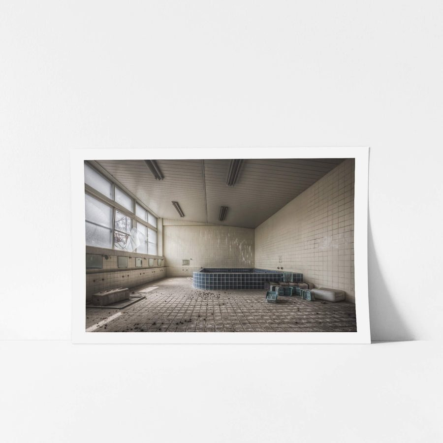 Boys Yokosu at Family School Fureai, a communal bathing room tiled floor to ceiling in white ceramic squares.
