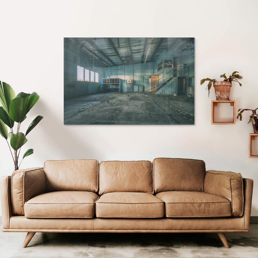 The Blue Room at Halvorsens Boat Yard, blue-green paint covers every wall and surface.