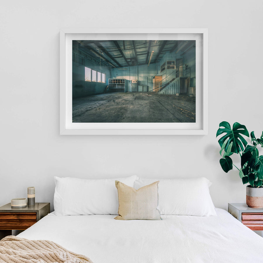 The Blue Room at Halvorsens Boat Yard, blue-green paint covers every wall and surface.