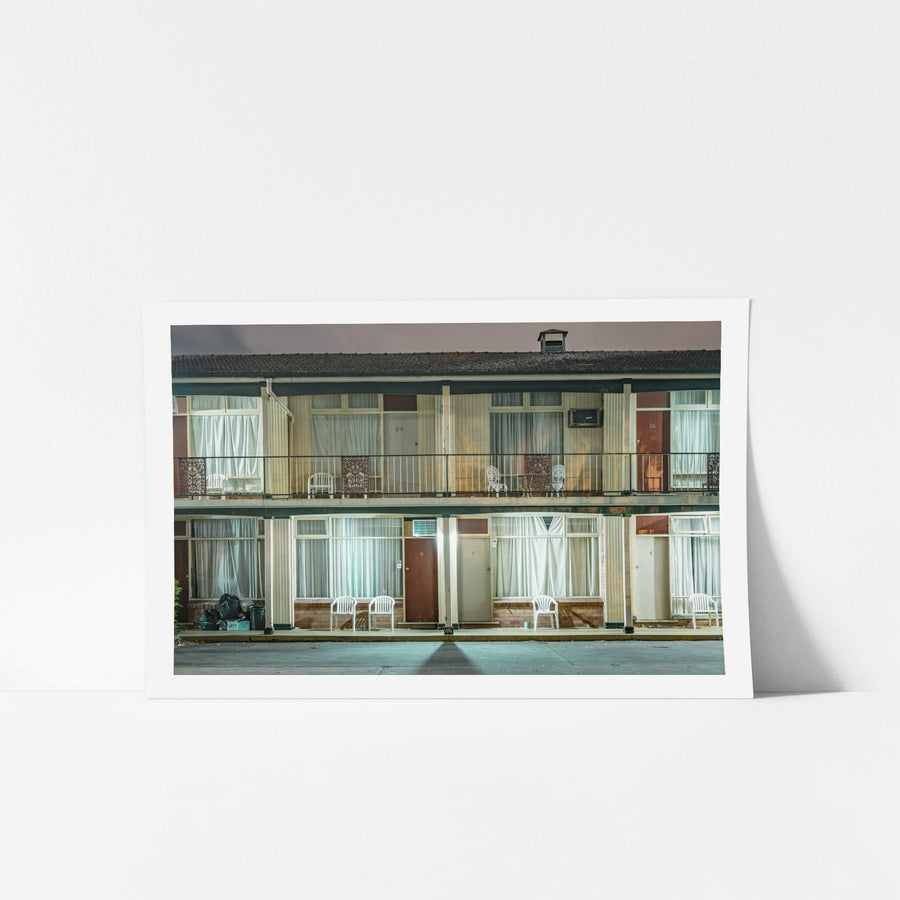 The Fontainebleau Motor Inn, Liverpool at Hotel Motel 101, thirty rooms, each with its own white plastic chair and a view.