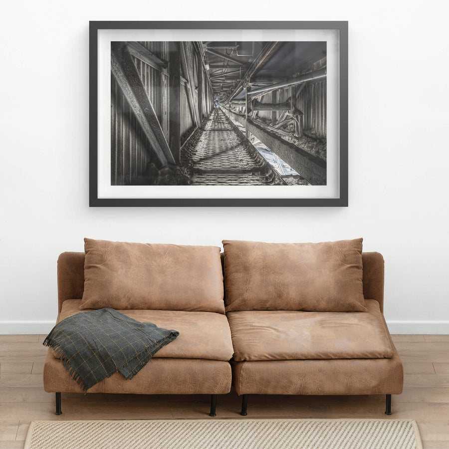 Cement Mill Conveyor at Kandos Cement Works, a narrow corridor stretches deep between corrugated iron walls.