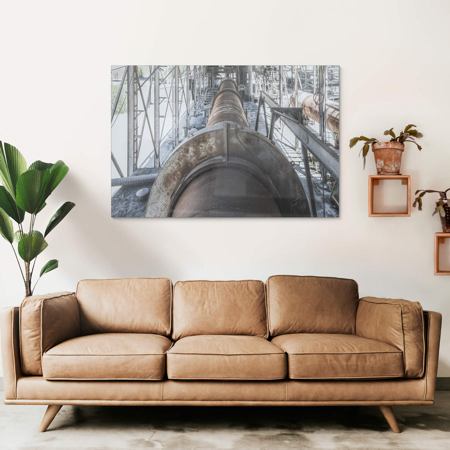 No 6 Kiln at Kandos Cement Works, a massive rotary kiln stretches deep into the frame, its steel barrel dark with heat.