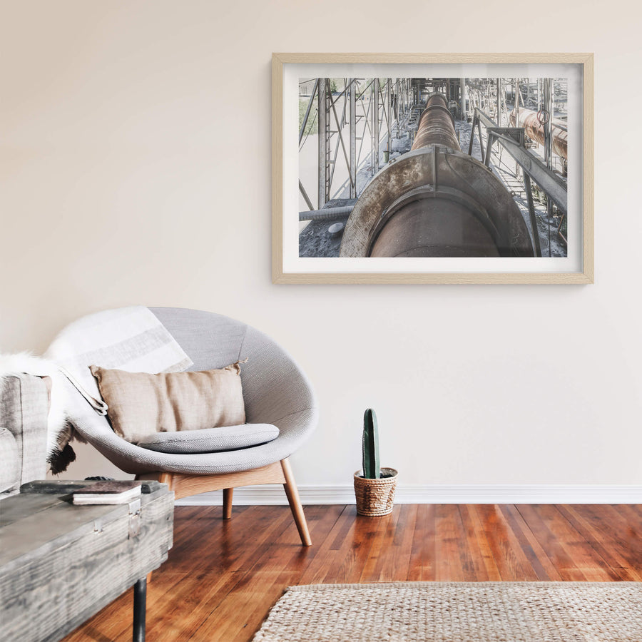 No 6 Kiln at Kandos Cement Works, a massive rotary kiln stretches deep into the frame, its steel barrel dark with heat.