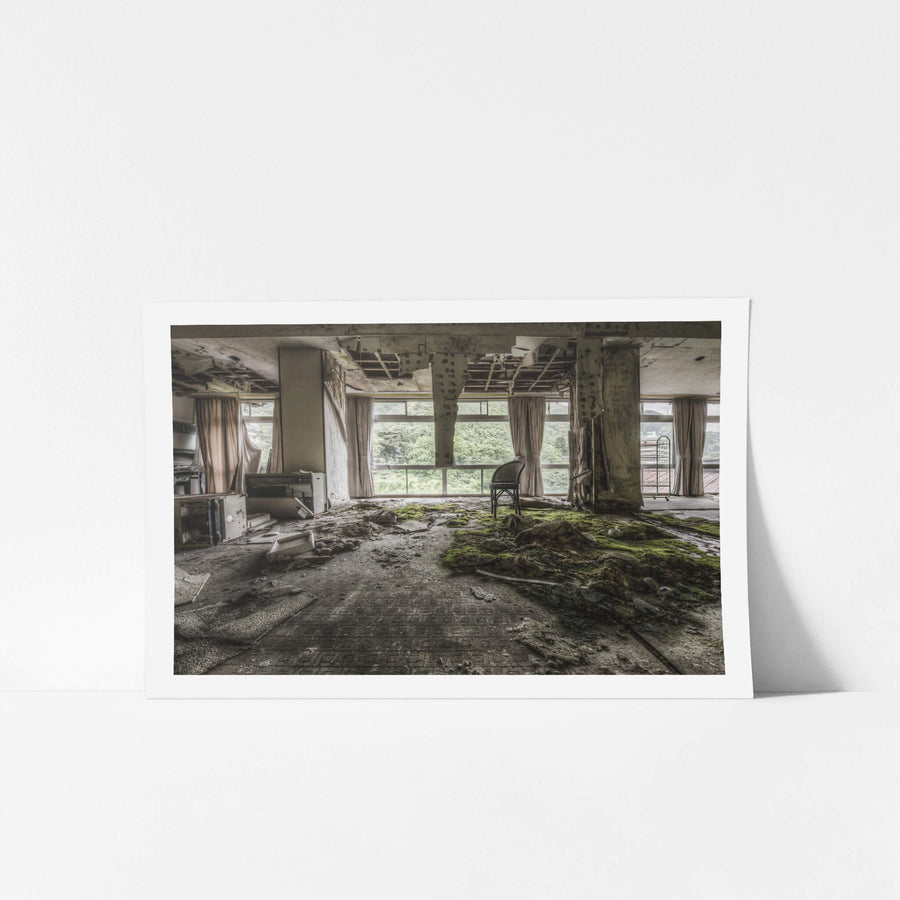Dining Room at Kinugawa Kan, a thick mat of moss stretches across the floor, creeping over broken tiles and fallen plaster.
