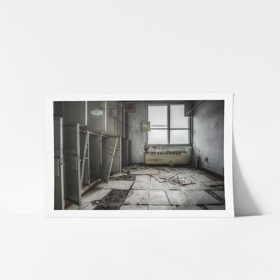 Locker Room at Kuwashima Hospital, steel lockers line the left wall, doors wrenched open or hanging at angles.