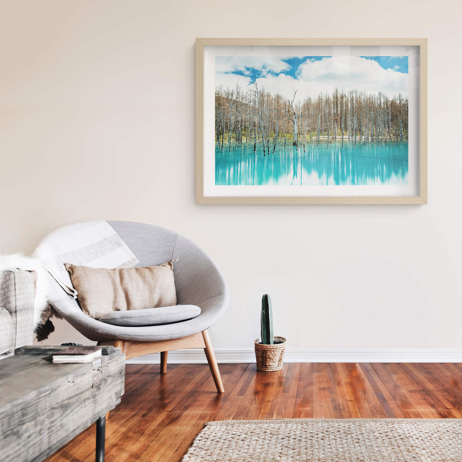 Aoiike at Landscapes, dead birch and larch stand upright in opaque turquoise water.