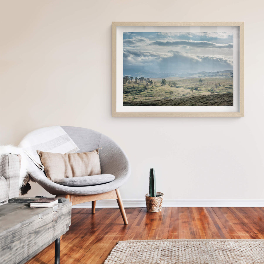 Blue Afternoon at Landscapes, looking over a farm on a cloudy afternoon in the Sapphire Coast hinterland.