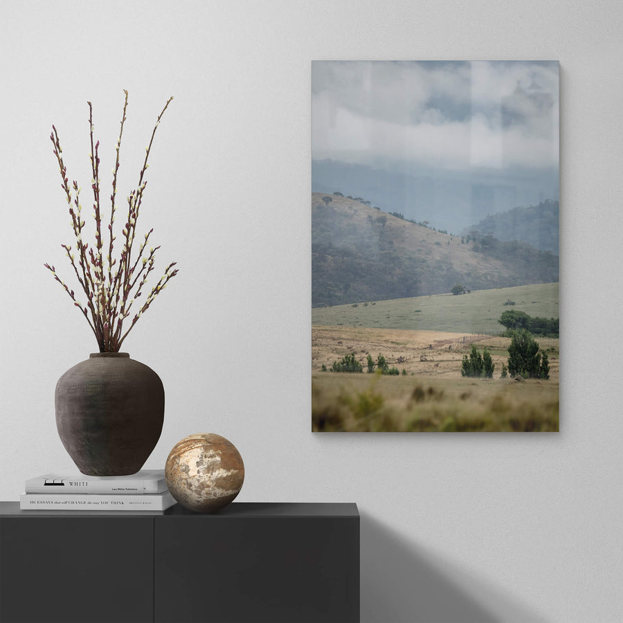Blue Morning Ranges at Landscapes, a cloudy morning over a farm off the Monaro Highway.