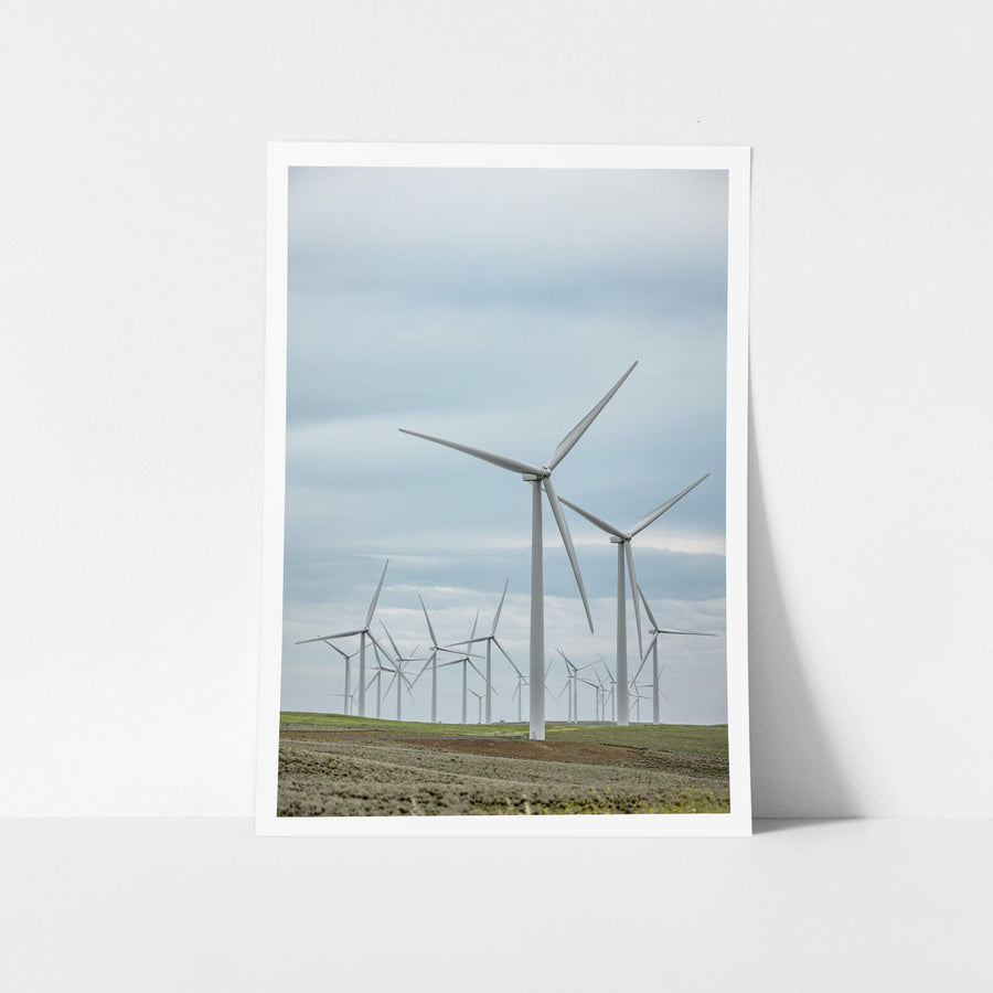 Cluster at Landscapes, white steel towers rise from low, green-brown pastureland under a flat grey sky.