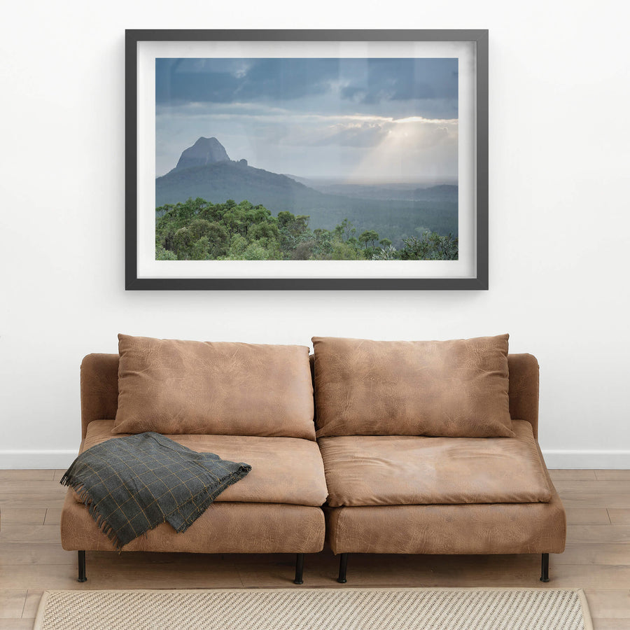 Glasshouse Sun Rays at Landscapes, sun Streaking through the clouds over the Glasshouse Mountains.