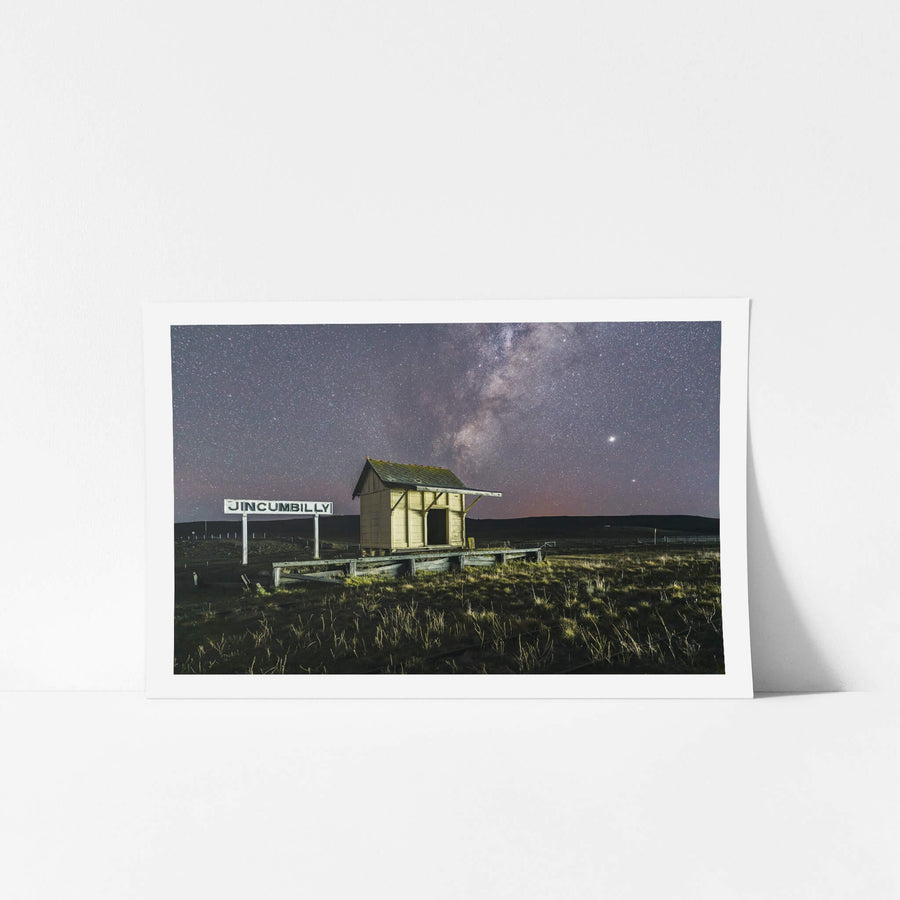 Jincumbilly Nightscape at Landscapes, a single timber shelter sits on a low weathered platform at Jincumbilly.
