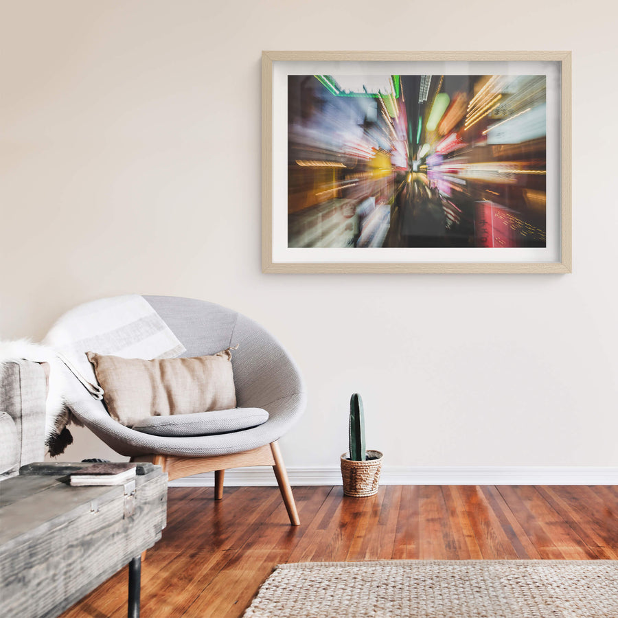 Light Zoom at Landscapes, neon signage streaks outward from a central vanishing point in a narrow Japanese alley.