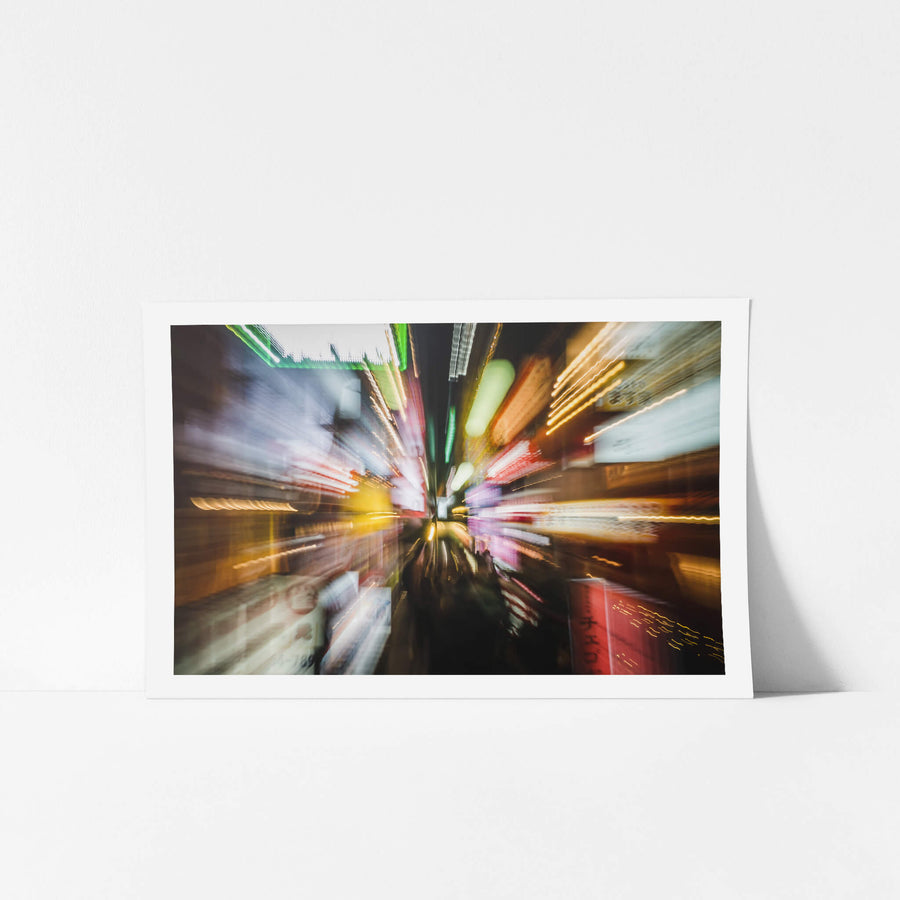 Light Zoom at Landscapes, neon signage streaks outward from a central vanishing point in a narrow Japanese alley.