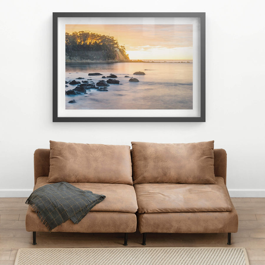Murrumbulga Point at Landscapes, looking across Quarantine Bay with the sun rising over Oman Point.