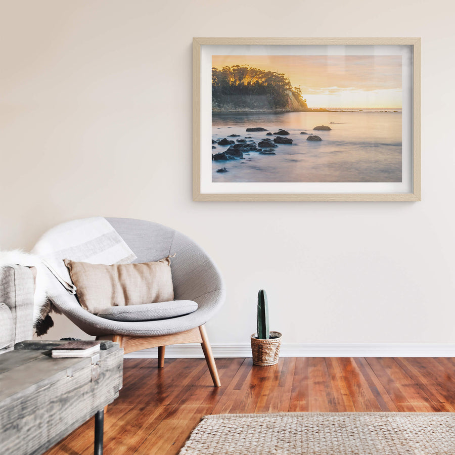 Murrumbulga Point at Landscapes, looking across Quarantine Bay with the sun rising over Oman Point.
