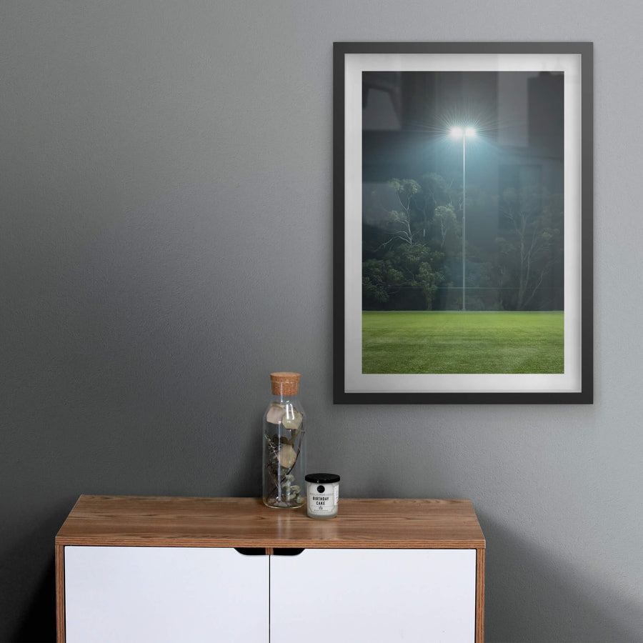 Nightlight at Landscapes, a single floodlight illuminates the night, standing tall against the backdrop of silhouetted trees.