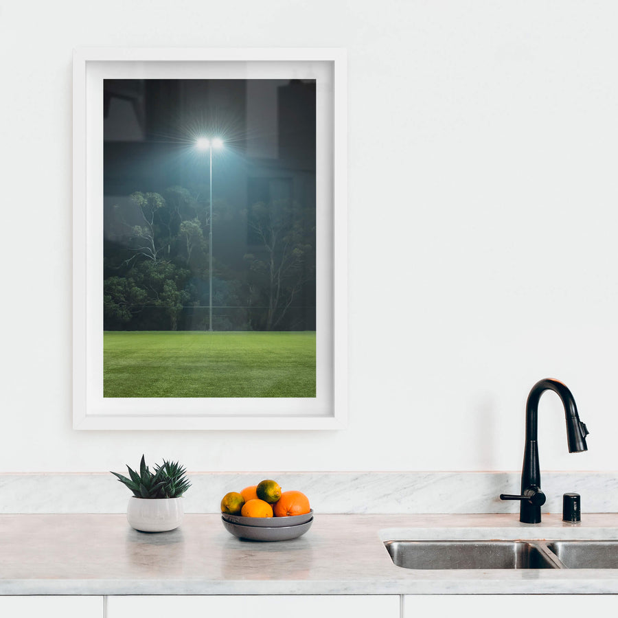 Nightlight at Landscapes, a single floodlight illuminates the night, standing tall against the backdrop of silhouetted trees.