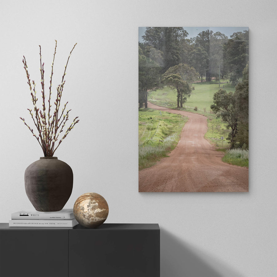 Red Road at Landscapes, a gravel road through a rural landscape near Margaret River.