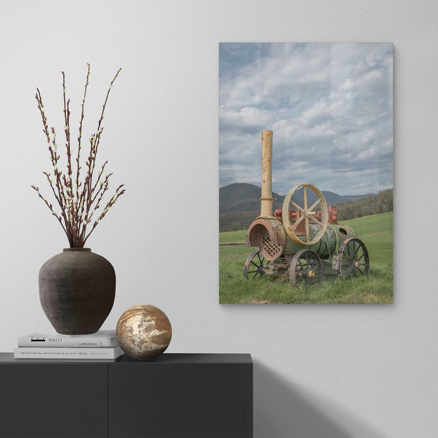 Steam Machine at Landscapes, a portable steam engine sits in open pasture, its iron wheels sunk into thick green grass.