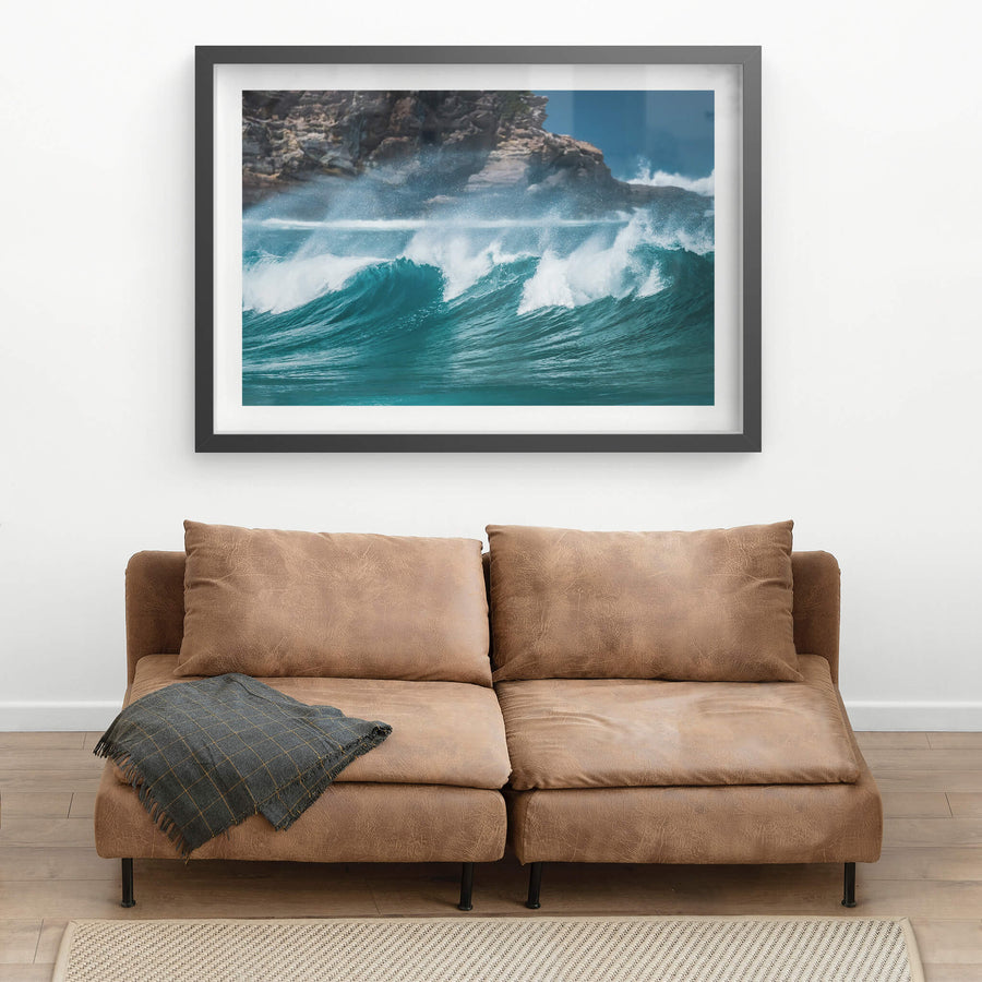 Tura Beach Waves at Landscapes, wild waves crash against a backdrop of the rocky cliff heads of Tura Beach.