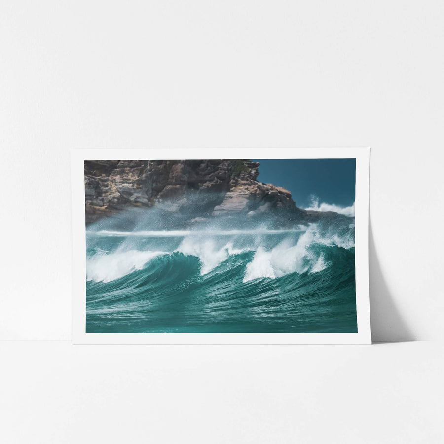 Tura Beach Waves at Landscapes, wild waves crash against a backdrop of the rocky cliff heads of Tura Beach.