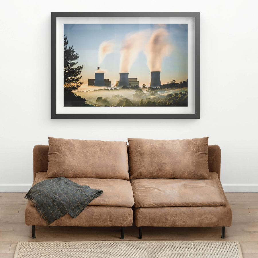 Yallourn Power Station at Landscapes, three cooling towers rise from a valley thick with morning fog.
