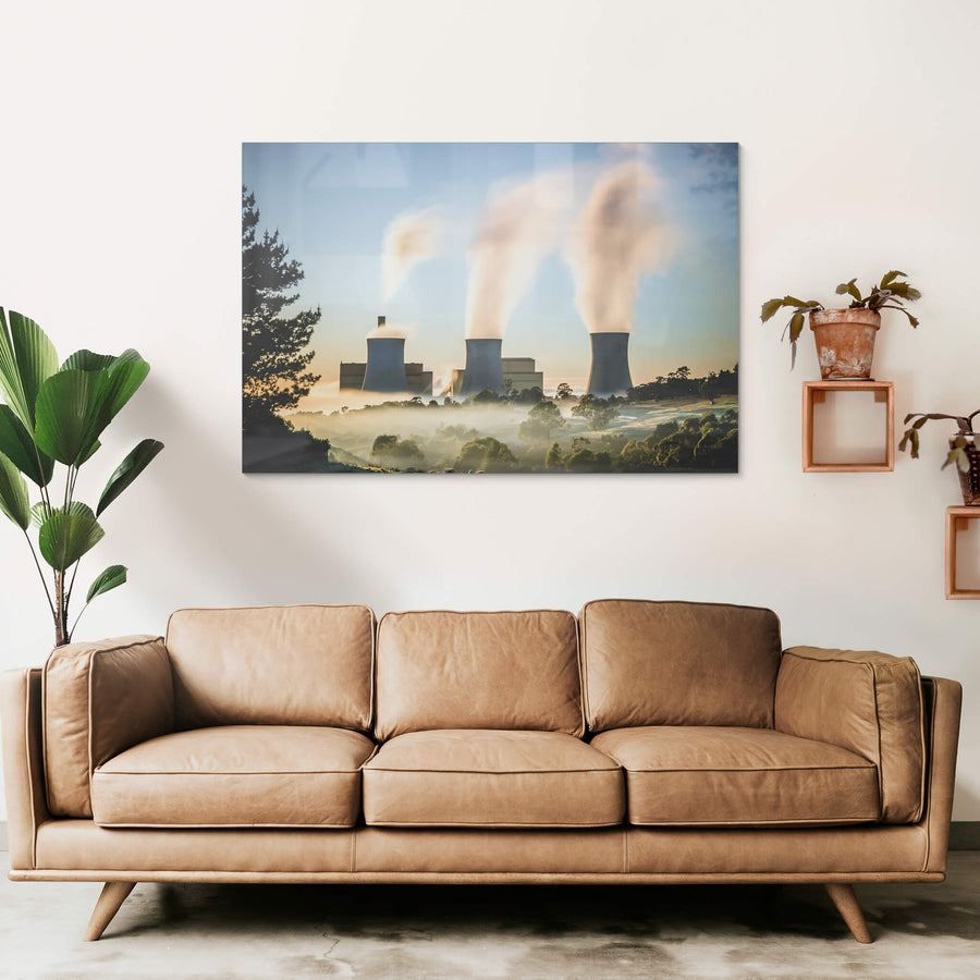 Yallourn Power Station at Landscapes, three cooling towers rise from a valley thick with morning fog.