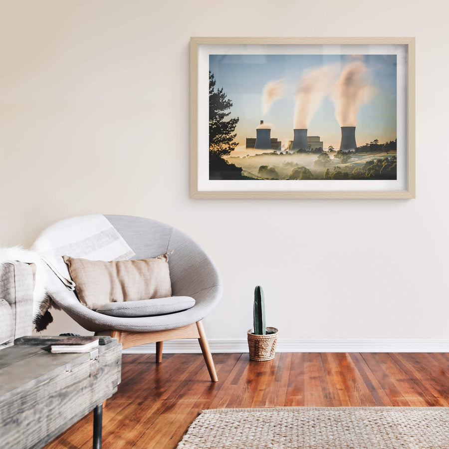 Yallourn Power Station at Landscapes, three cooling towers rise from a valley thick with morning fog.