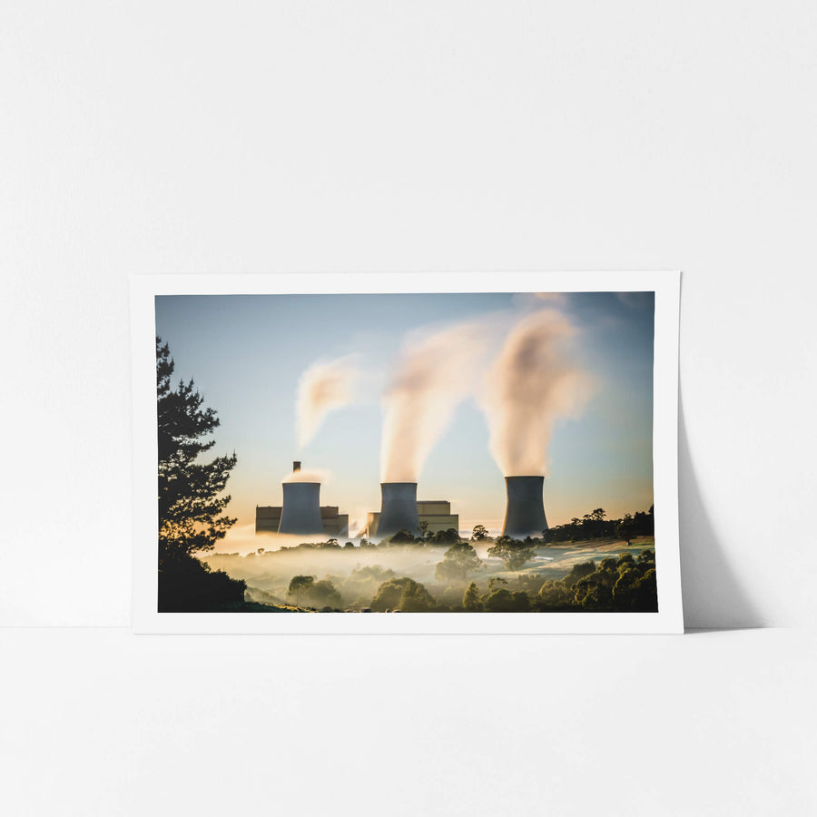 Yallourn Power Station at Landscapes, three cooling towers rise from a valley thick with morning fog.